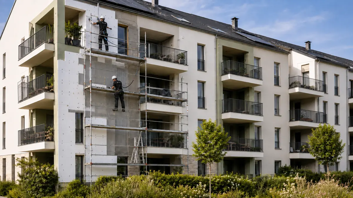 Techniciens intervenant sur la façade d’une résidence collective