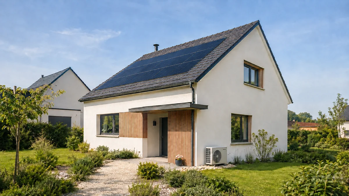 Vue d’ensemble d’une maison individuelle équipée pour améliorer sa performance énergétique