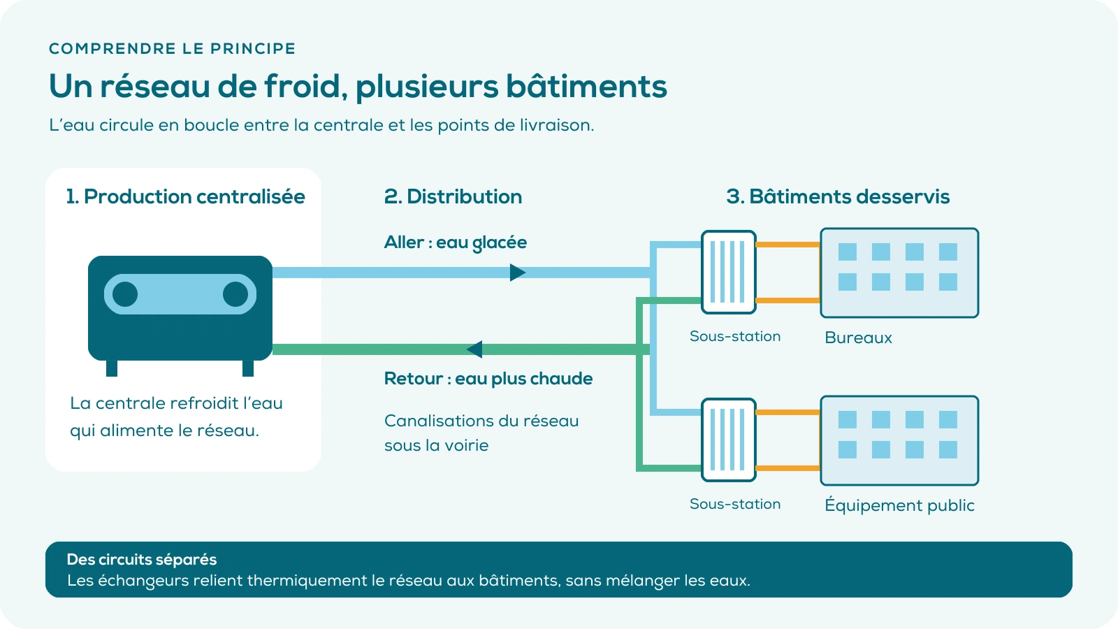 Schéma simplifié d’un réseau de froid : l’eau glacée part de la centrale, dessert les sous-stations des bâtiments, puis revient plus chaude à la centrale. Les circuits des bâtiments sont séparés du réseau.