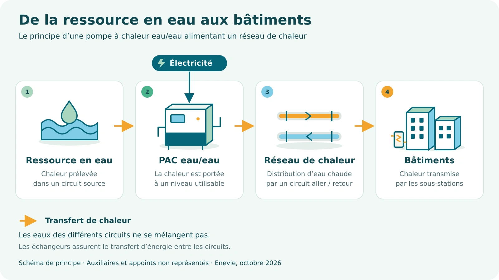 Schéma du transfert de chaleur depuis une ressource en eau vers une PAC alimentée en électricité, puis vers un réseau et les bâtiments raccordés.