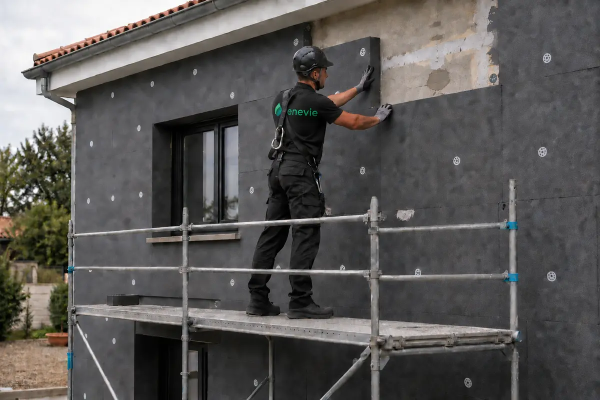 Technicien Enevie posant l’isolation thermique extérieure d’une maison