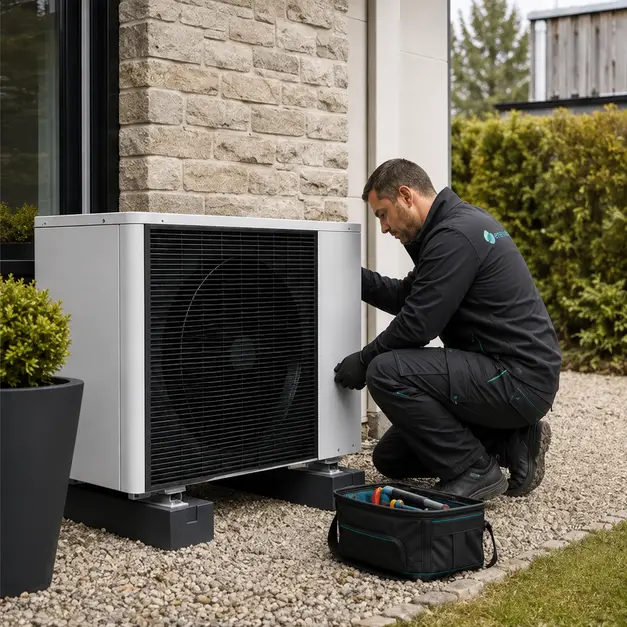 Technicien installant une pompe à chaleur air eau