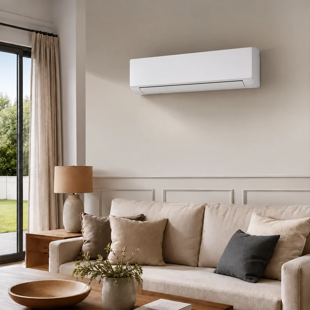 Salon lumineux équipé d’une climatisation réversible murale compacte