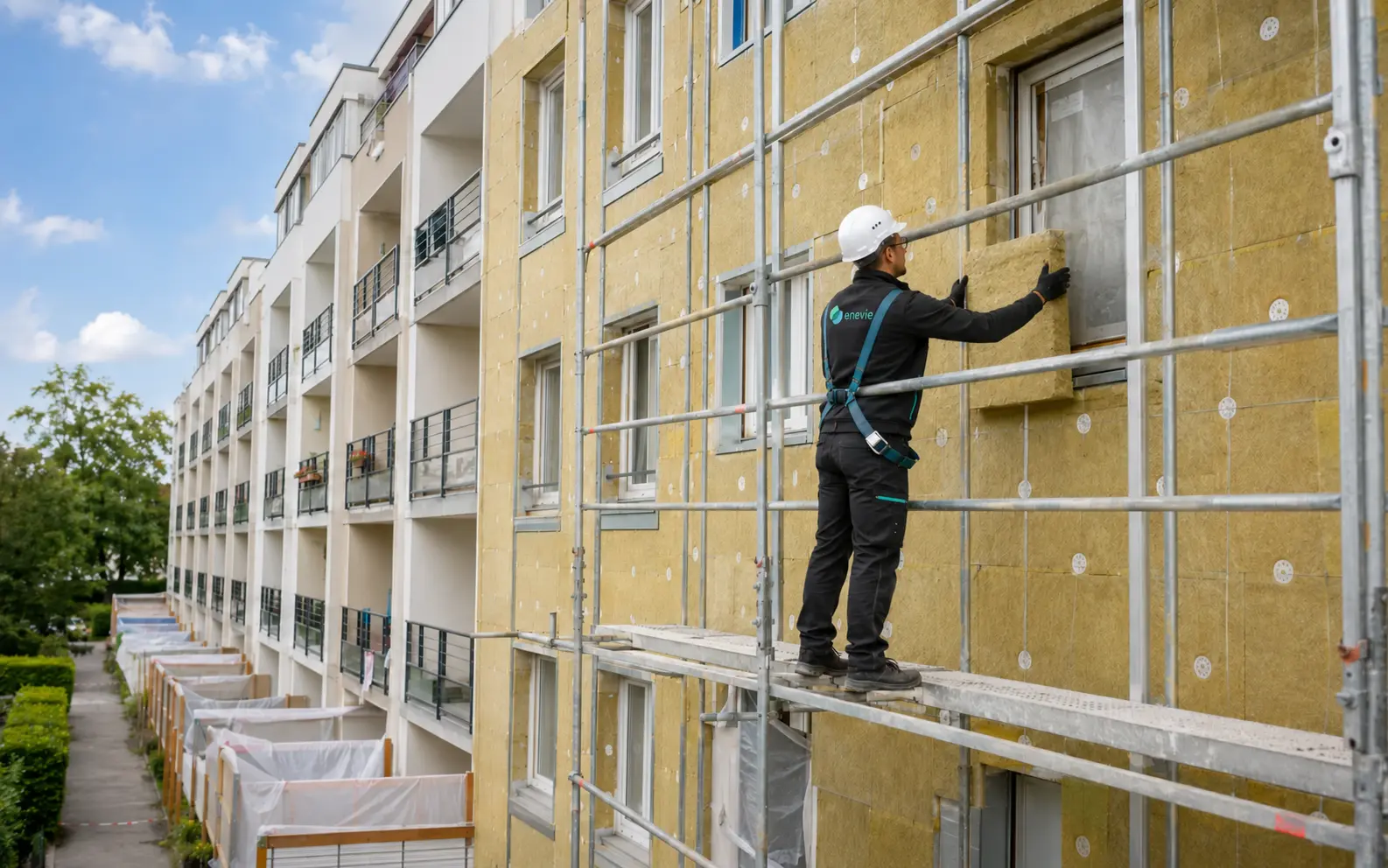 Technicien en tenue Enevie posant une isolation thermique extérieure sur une résidence